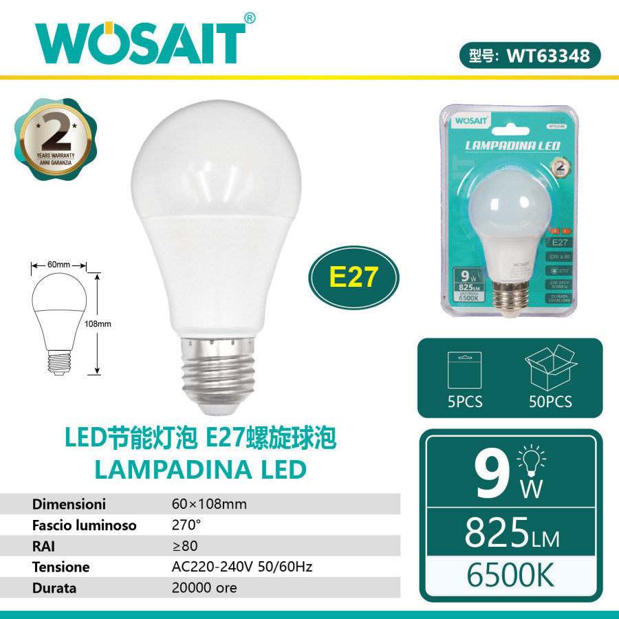 Lampadina LED E27 9W 825lm 6500K Luce Fredda WT63348
